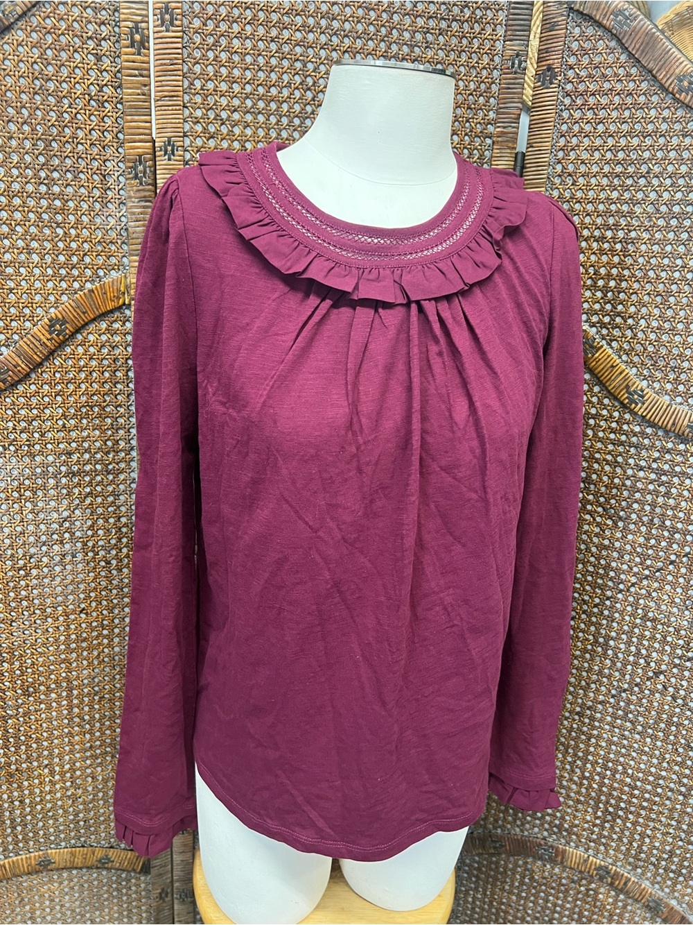 Boden cotton top size 6 plum purple long sleeve ruffle